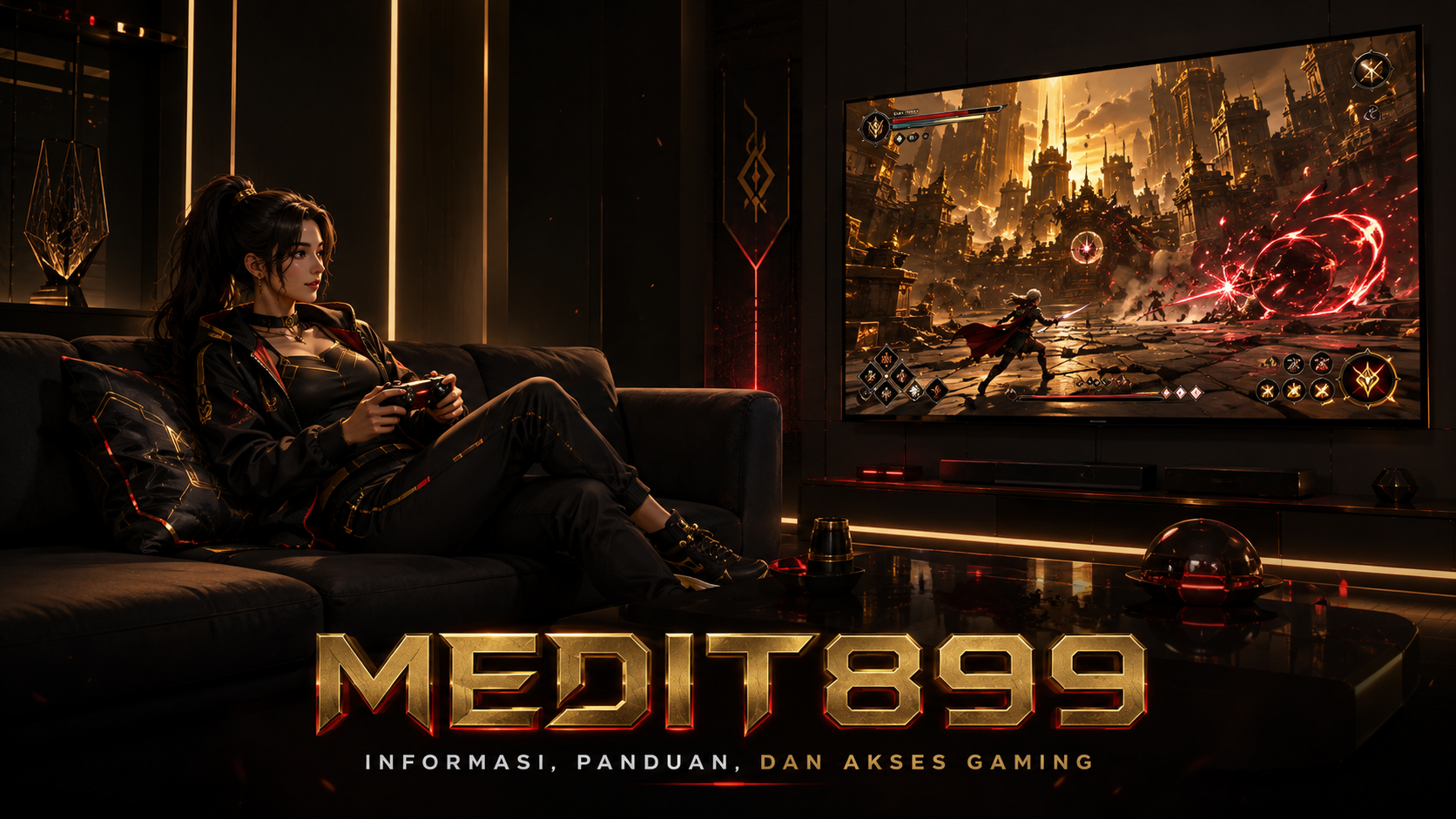 Banner MEDIT899 The Way of the Gamer dengan tema hitam, kuning keemasan, dan merah