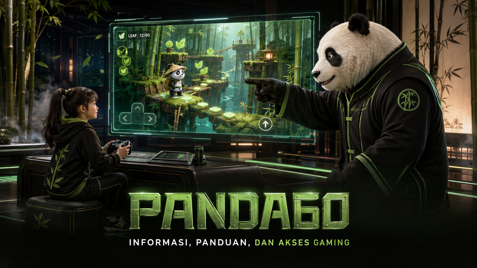 Banner PANDA60 The Way of the Gamer dengan panda futuristik dan tema hijau bambu