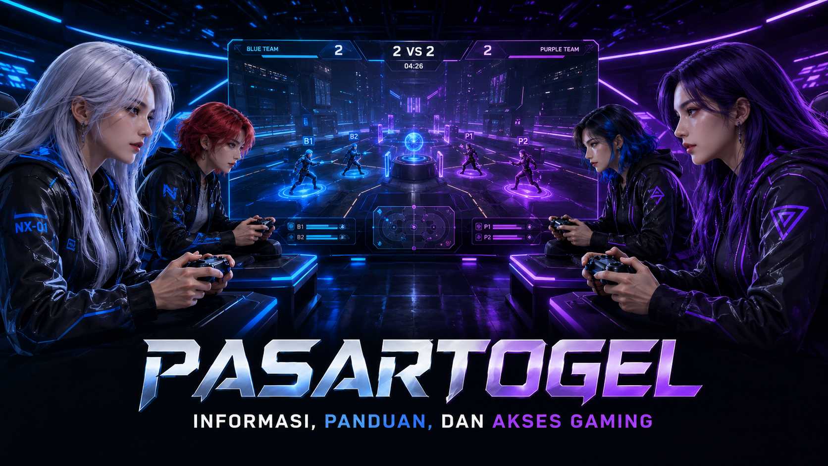 Banner PASARTOGEL The Way of the Gamer dengan empat pemain dalam pertandingan tim dua lawan dua