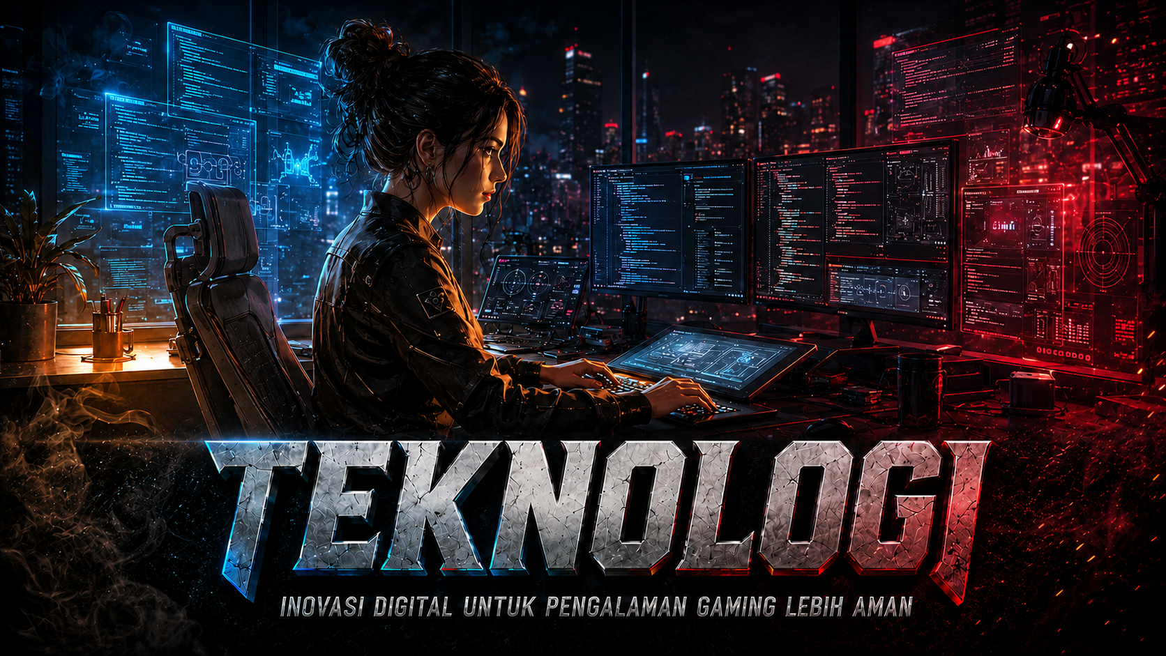 Banner Teknologi The Way of the Gamer dengan ruang kerja dan perangkat gaming futuristik