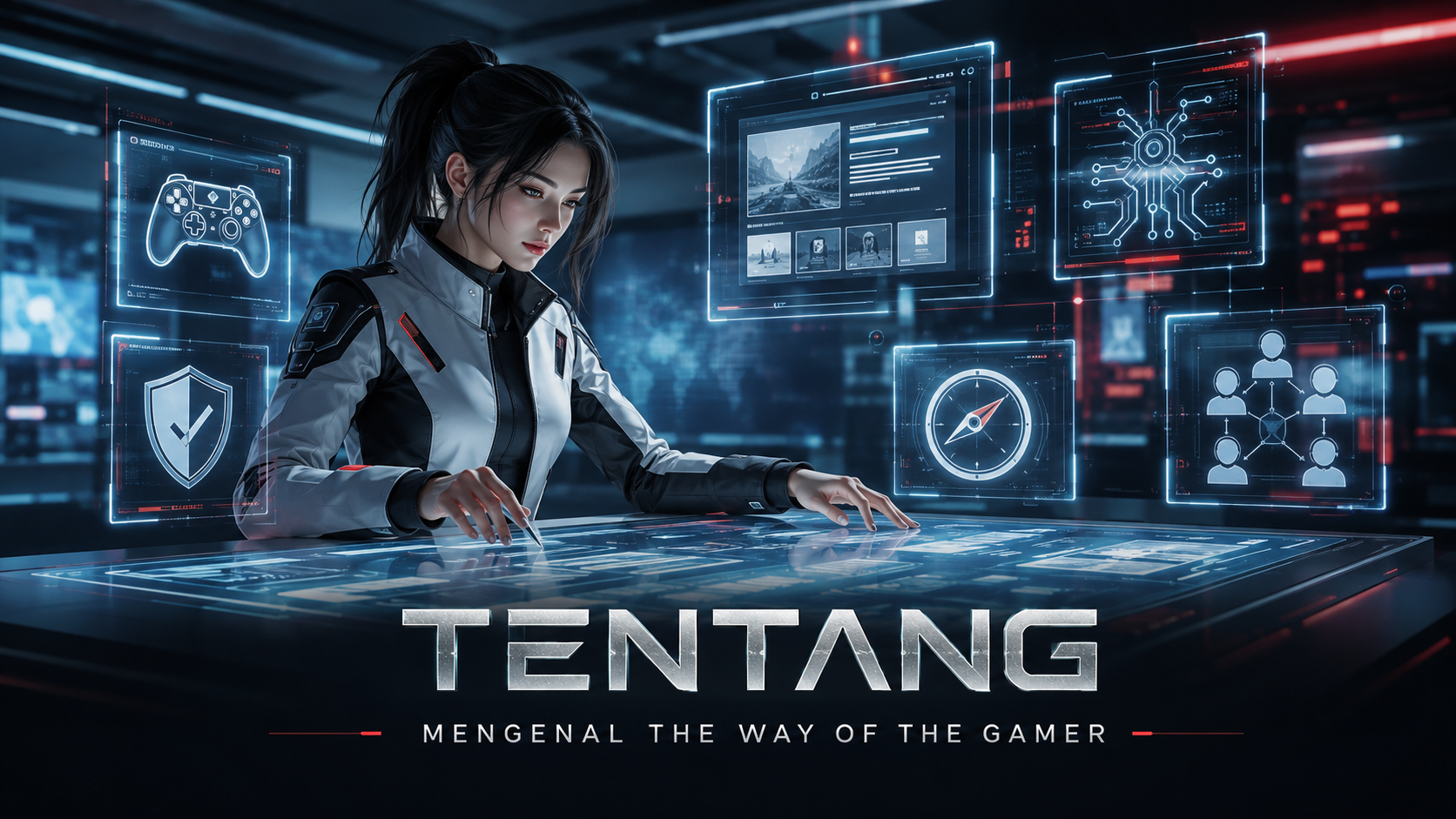 Banner Tentang The Way of the Gamer dengan ruang kerja digital futuristik
