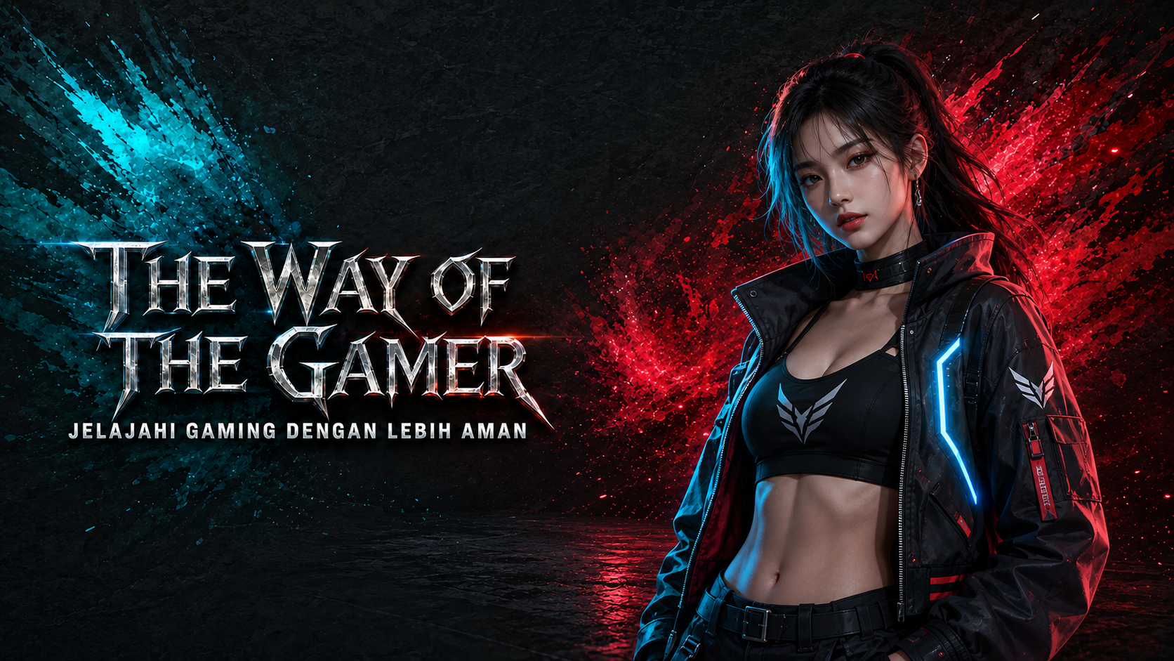 The Way of the Gamer dengan karakter wanita gamer futuristik bertema biru merah