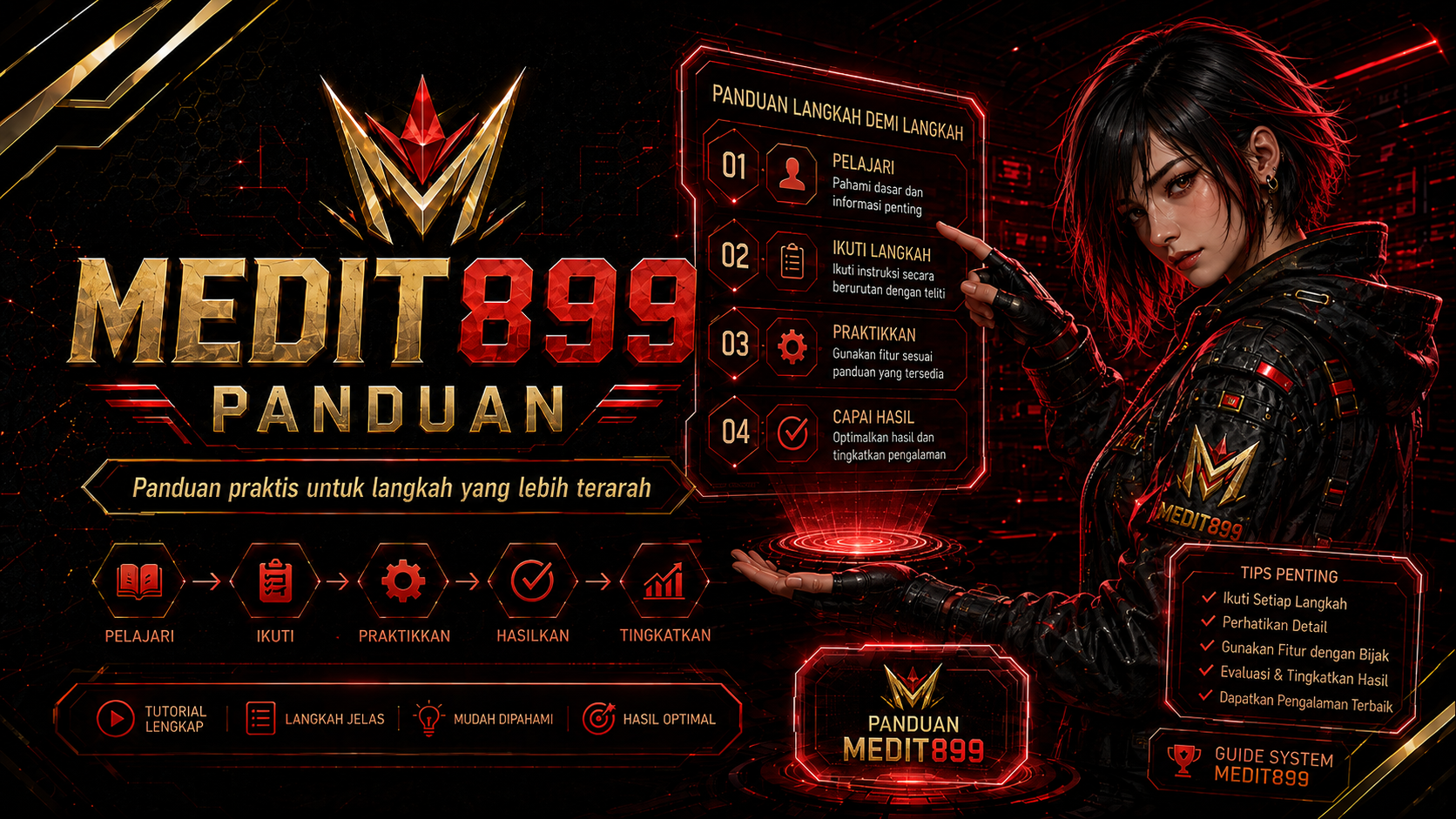 MEDIT899 Panduan dengan karakter futuristik memandu tampilan hologram bertema hitam merah crimson dan emas