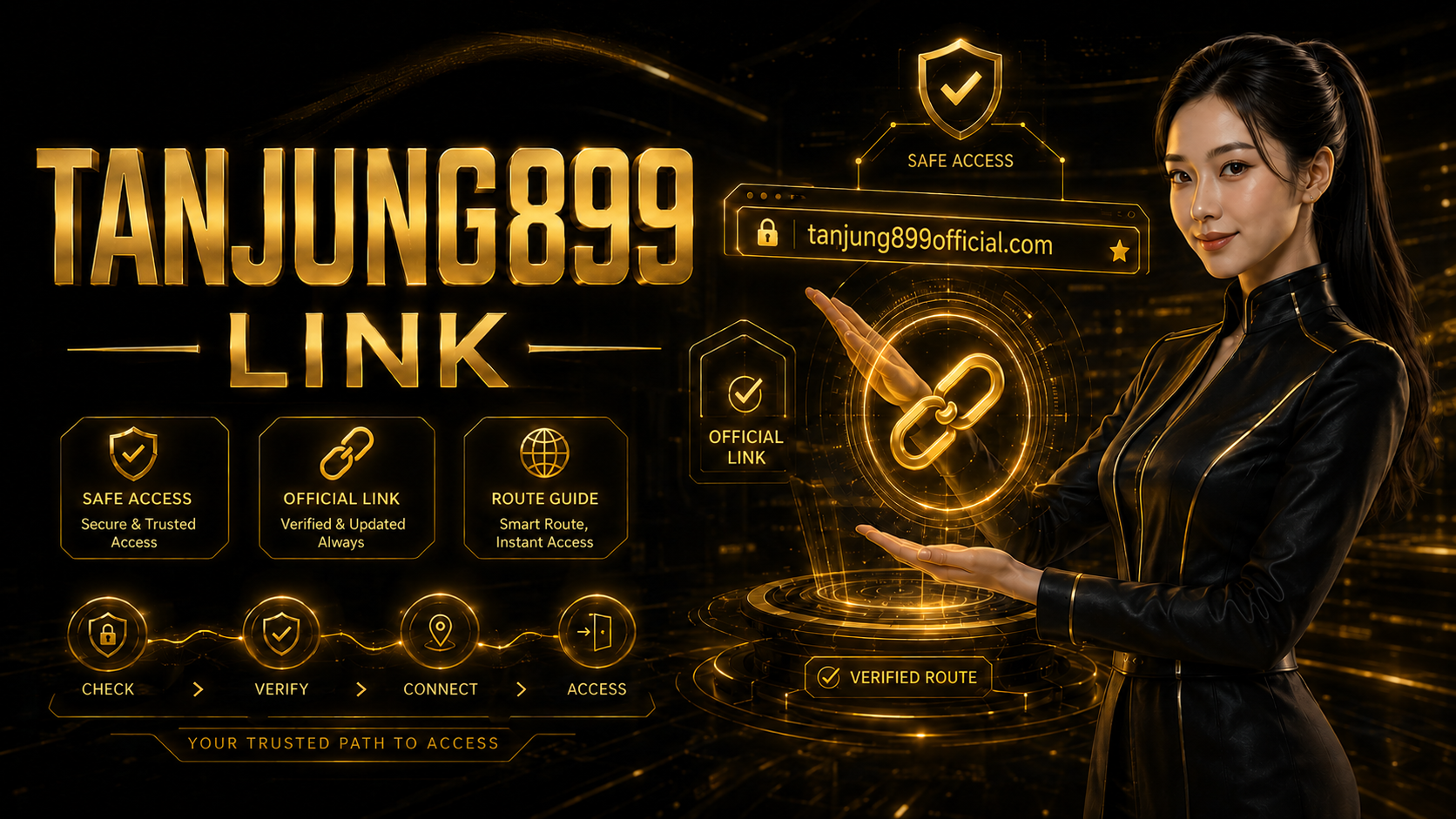 TANJUNG899 Link dengan karakter Tan dan tampilan akses resmi tanjung899official.com bertema hitam emas